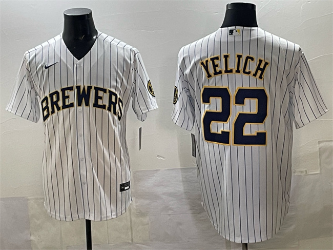 Men's Milwaukee Brewers #22 Christian Yelich White Pinstripe 2025 With Patch Stitched Baseball Jersey